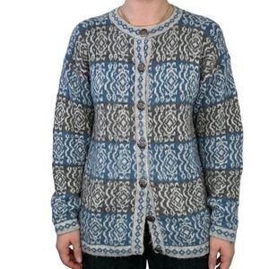 Vintage Y2K Blue Gray Nordic Fair Isle 100% Alpaca Hippie Cardigan Sz M